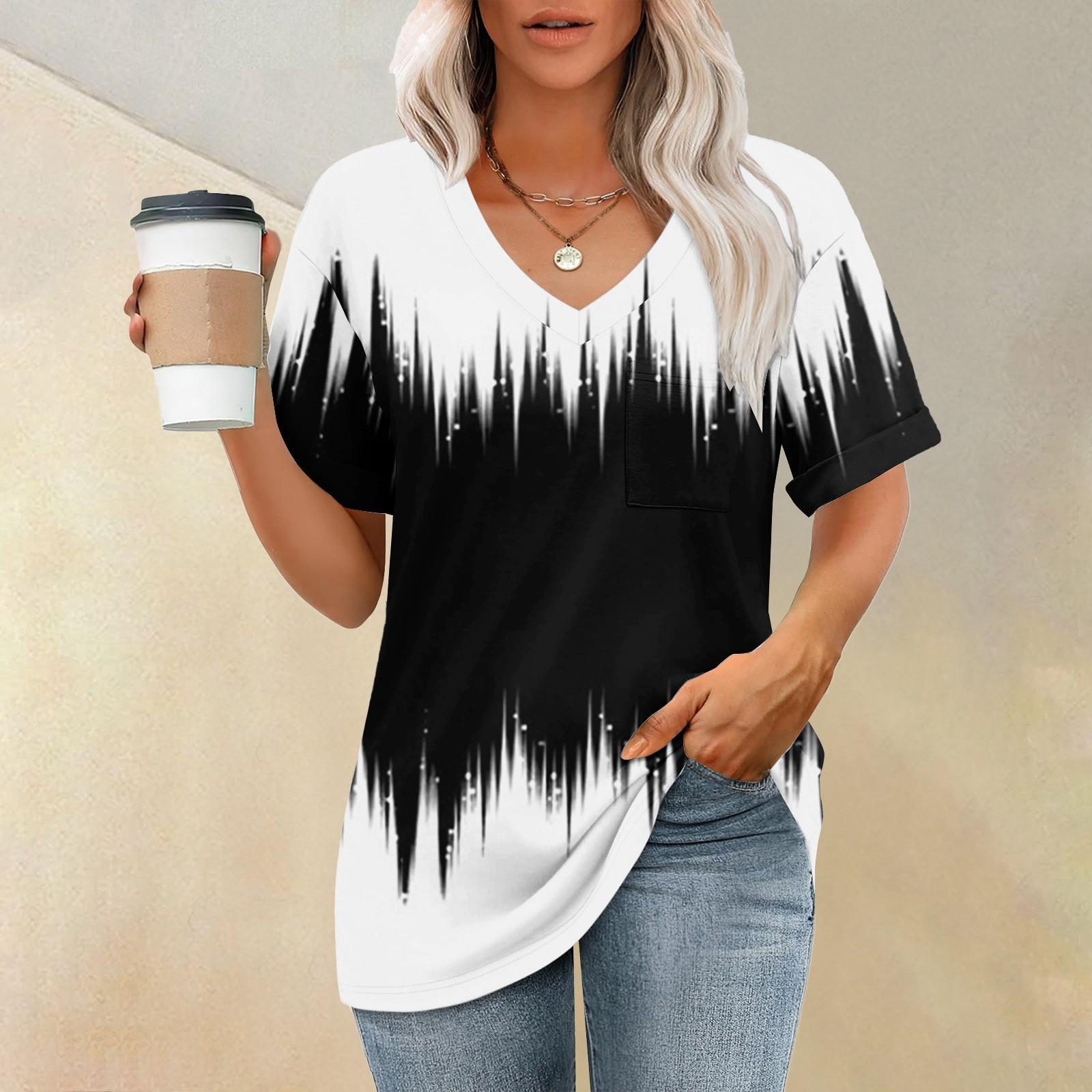 

Женские футболки с V-образным вырезом и коротким рукавом, летние топы, повседневные базовые футболки, модные L чёрный