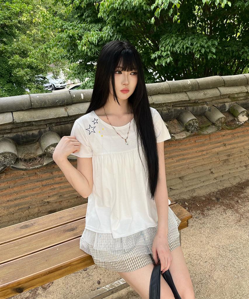 AWESOME STUDIO Kitsch Embroidered Shirred T-Shirt Ivory