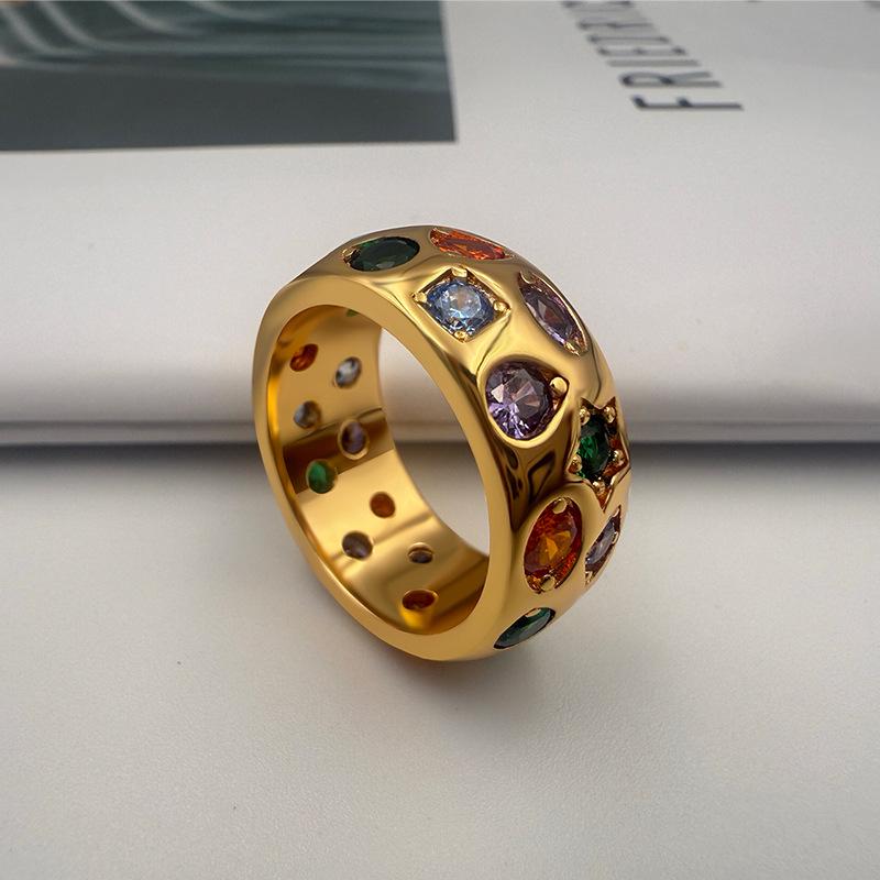 Inel la modă european și american cu zirconiu colorat încrustat – Design retro de lux ușor
