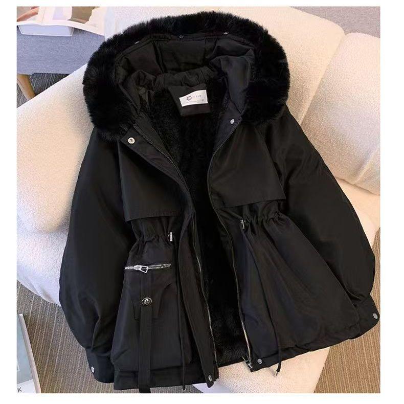 Women Short Hooded Faux Fur Lined Parka Coat Winter Warm Trench Jacket Waist Slim Korean Style