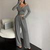 Autumn/Winter Slimming V-neck Wide Leg Long Sleeve Women's Jumpsuit Set