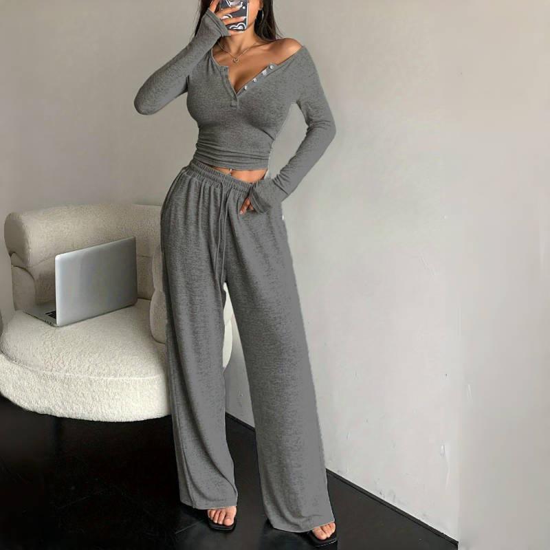Autumn/Winter Slimming V-neck Wide Leg Long Sleeve Women's Jumpsuit Set