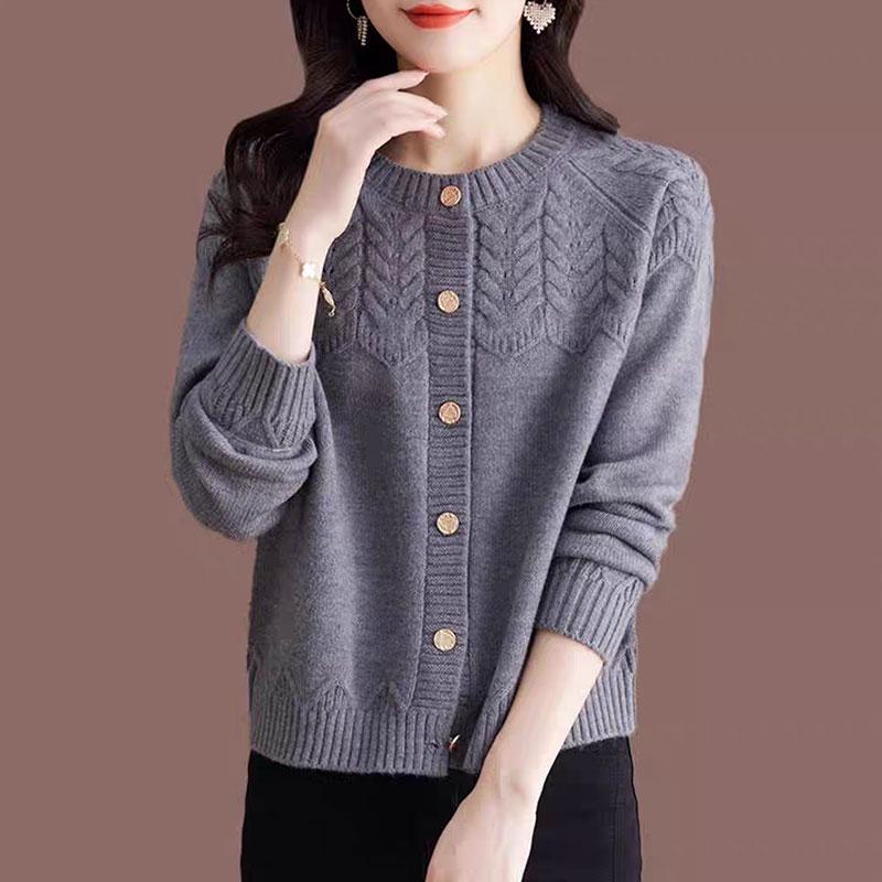 Women's Jacquard Knit Red Sweater Coat - Autumn 2025 Loose Round Neck Cardigan