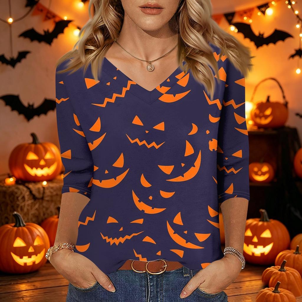 Damen Freizeit V-Ausschnitt Oberteil Halloween-Print Dreiviertelärm Leicht Bluse Lockerer Schnitt Pulloverhemd für die Herbstsaison