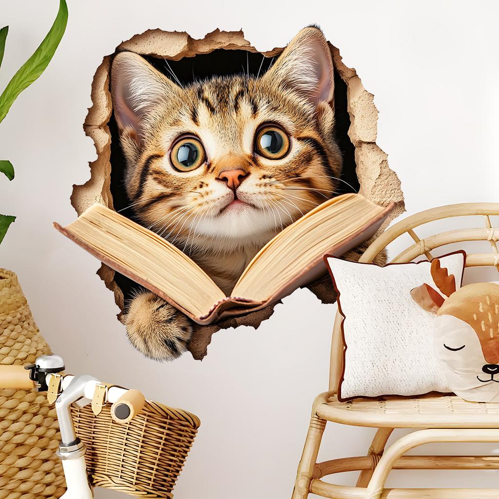Peek a Boo Reading Cat Wall Sticker Removable Cartoon Decal for Kids Room Nursery Living Room Home Wall Decor