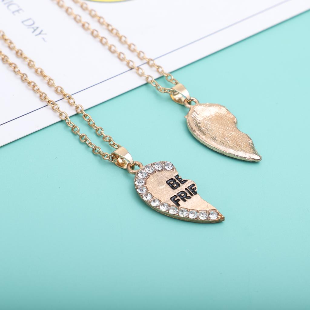 2pcs Per Set Heart Rhinestone Best Friends Engraved Pendant Friendship Necklace