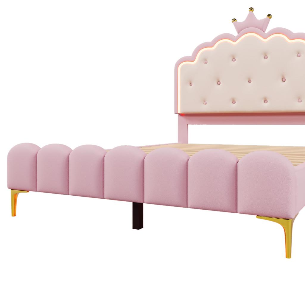 Cama Infantil 140x200 Cama Estofada Menina Princesinhas Cabeceira 16 Cores LED Couro PU Estrutura de Cama Estrado Rosa