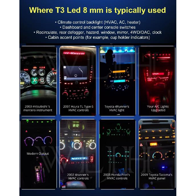 WLJH 10x Pink T3 Neo Wedge Led 8mm Base 3030 SMD Chip Car Instrument Cluster Light Dashboard Gauge HVAC AC Heater Climate Control Lamps Switch