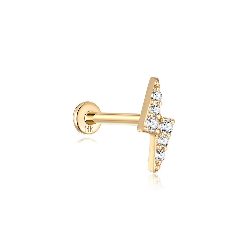 14K Gold Wind Single Row Straight Diamond-Set Puncture Internal Thread Flat Bottom 18G Earbone Stud Gold Earrings