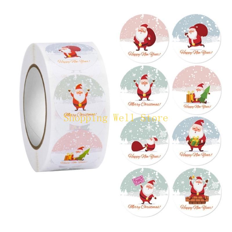 KX4B 500pcs/roll Merry Christmas Stickers Round Adhesive Christmas Theme Seal Labels