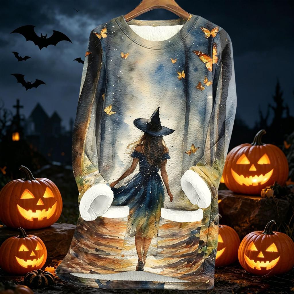 Women's Halloween Print Thick -Lined Lambswool Long Tunic Top for Fall and Winter