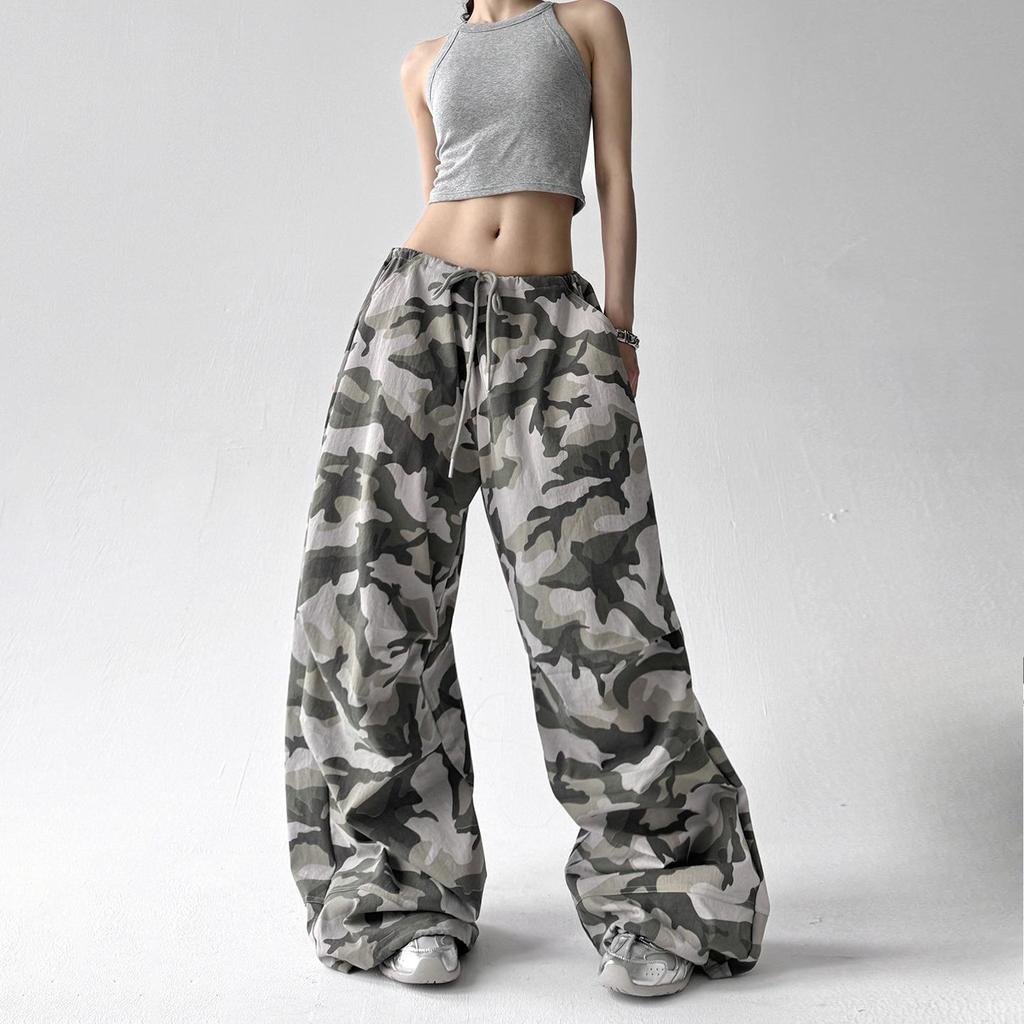 Amerikanska Retro Kamouflage Vida Byxor Dam Lös Chic Klädsel Casual Overaller Elastisk Dragskoband Midja Casual Byxor, Streetwear Byxor