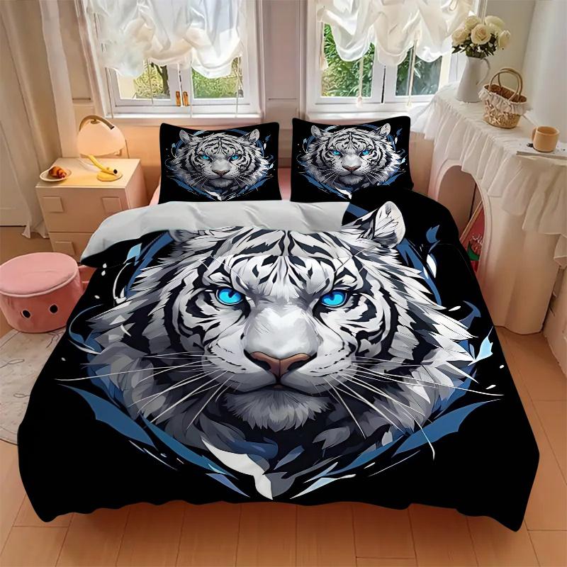 3pcs Blue Eyed White Tiger Bedding Set - Includes 1 Quilt Cover and 2 Pillowcases, Comfortable Bedding with Stylish Design for Bedroom, Mach