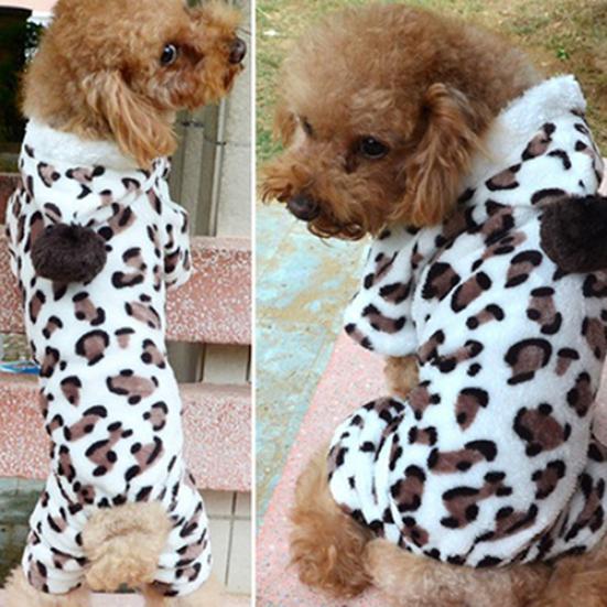 Dog Hoodie Hooded Flannel Winter Warm Leopard Printed Pet Puppy Clothes Jumpsuit Pajamas Outwear for Home