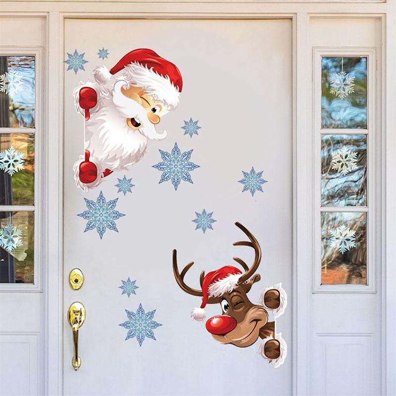 1 Pcs Santa Claus Reindeer Door Stickers Living Room Bedroom Festive Atmosphere Background Decoration Wall Stickers