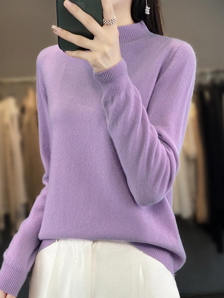 Women's Slimming Wool Sweater - Half High Neck, Long Sleeve, Loose Velvet Pullover, Versatile Knitwear for Autumn/Winter.