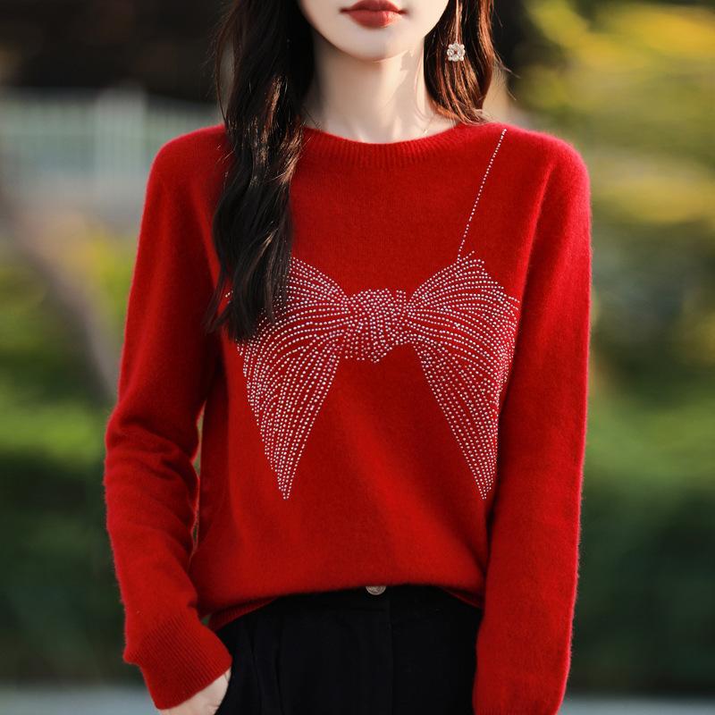 Autumn and Winter Pullover Sweater Women's Round Neck Knitted Bottoming Shirt Hot Drilling Slim Sweater