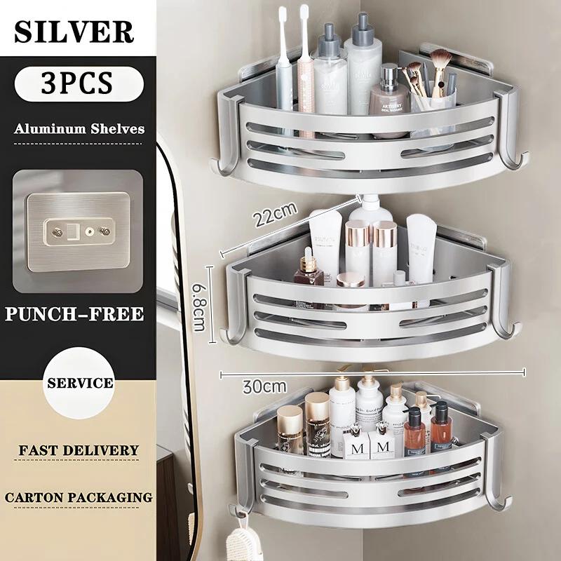 3PCS Bathroom Triangle Shelf Space Aluminium Wall Corner Wall Mounted No Hole Light Luxury Toilet Storage Shelf