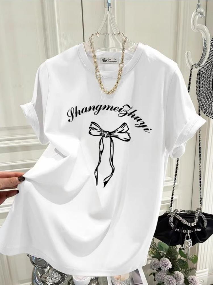 

Женская хлопковая футболка с коротким рукавом в европейском стиле, свободного кроя, 2024, с деталью в виде банта, средней длины, с прямым плечом, круглым вырезом - трендовый летний топ XXXL