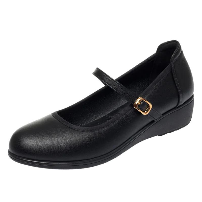 3.5cm Fashion Breathable Shallow Mouth Soft Leather Platform Wedges Shoes Women Fall 2025 Flat Heels Mary Janes for Office Mom
