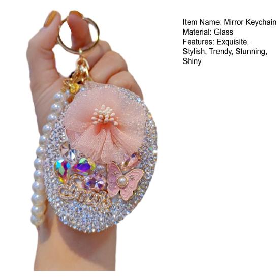 Bling Rhinestone Round Pocket Mirror Keychain Folding Double-Sided with Metal Makeup Mirror Bead String Charm