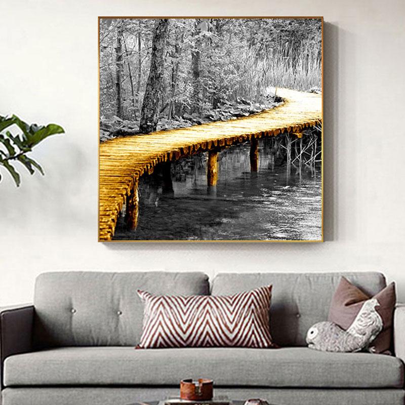 Abstract Golden Yellow Bridge Canvas Painting Industrial Posters for Living Room Decor Grey Wall Art Tableau Decoration Mural