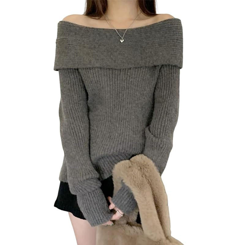 

[Lamerry] off shoulder knit sweater bare shoulders clothes long sleeve tops subculture South Korea fashion slim fit sexy free size ladies gray