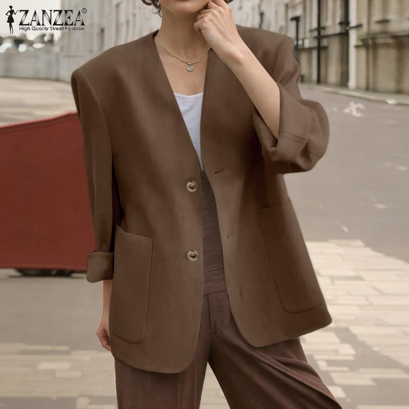 ZANZEA Women Autumn V-Neck Padded Shoulder Long Sleeve Suit Jackets