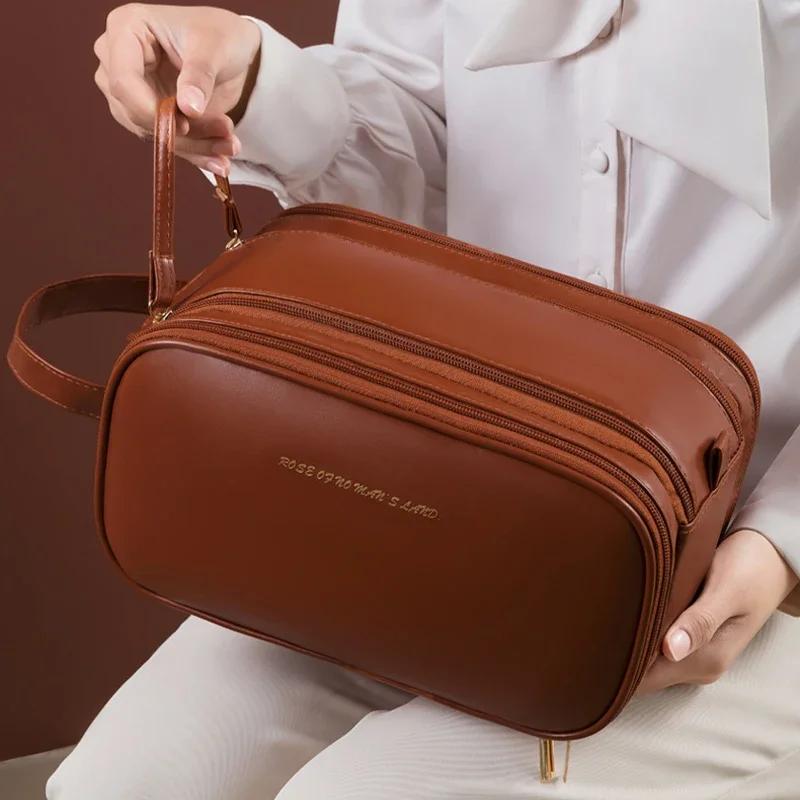 Portable Women's Makeup Bag PU Leather Luxury Cosmetics Storage Organizer Travel Essentials Double Zipper Toiletries Bag