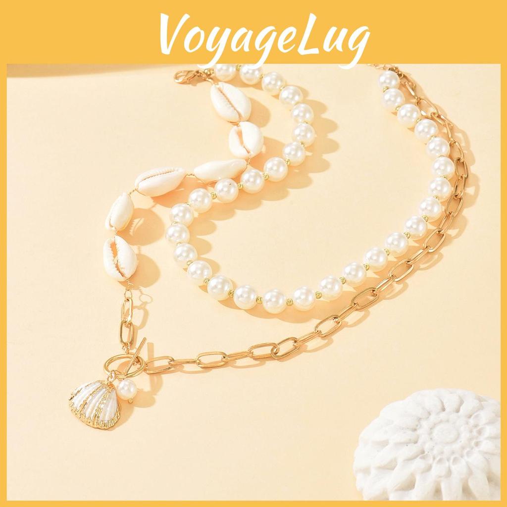 Seashell Necklace Boho Style Chunky Chain With Artificial Pearl For Summer Beach Vacation