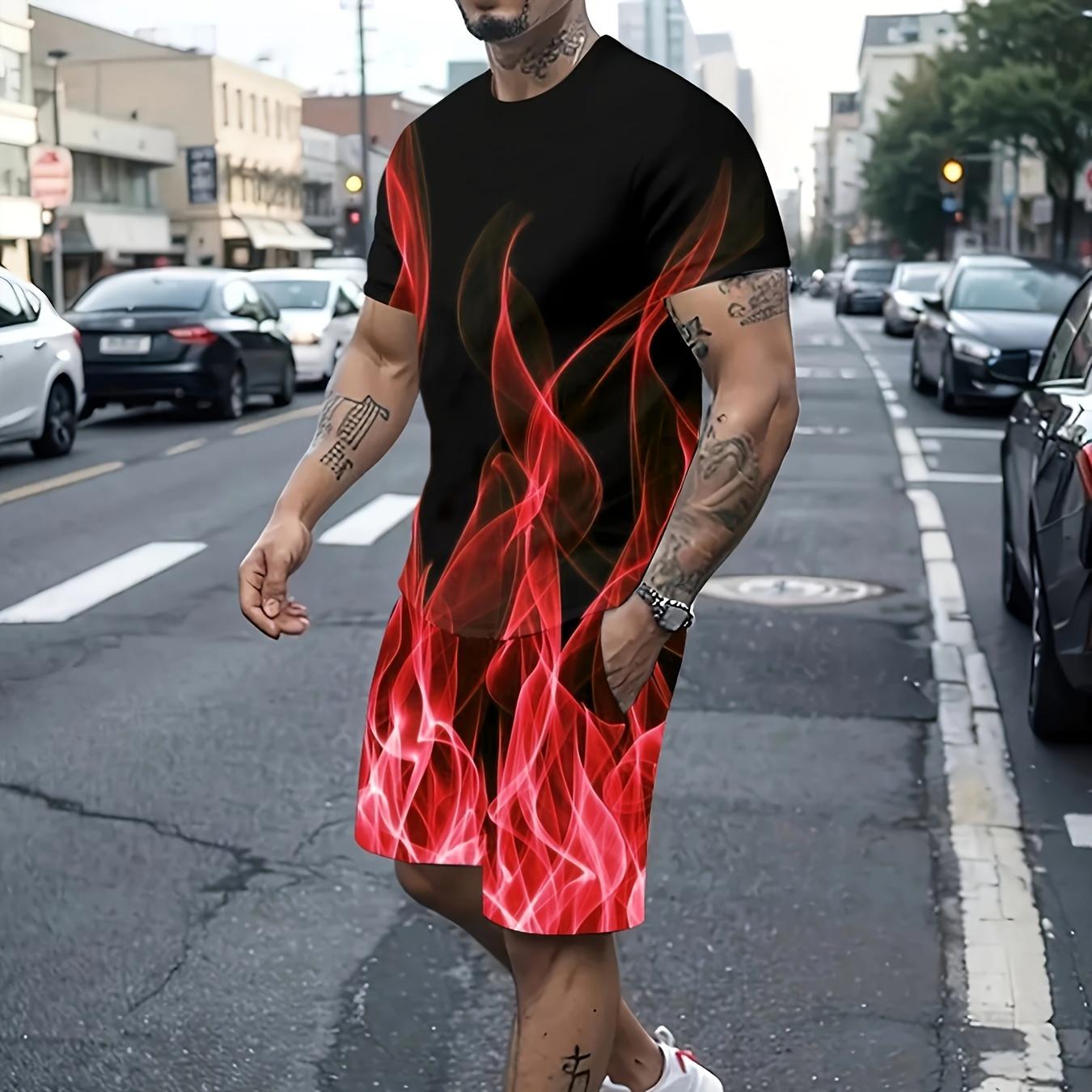 

Мужской повседневный летний костюм из двух предметов: привлекательный пламенный принт, дышащая футболка с короткими рукавами и спортивные шорты с удобными карманами 6XL