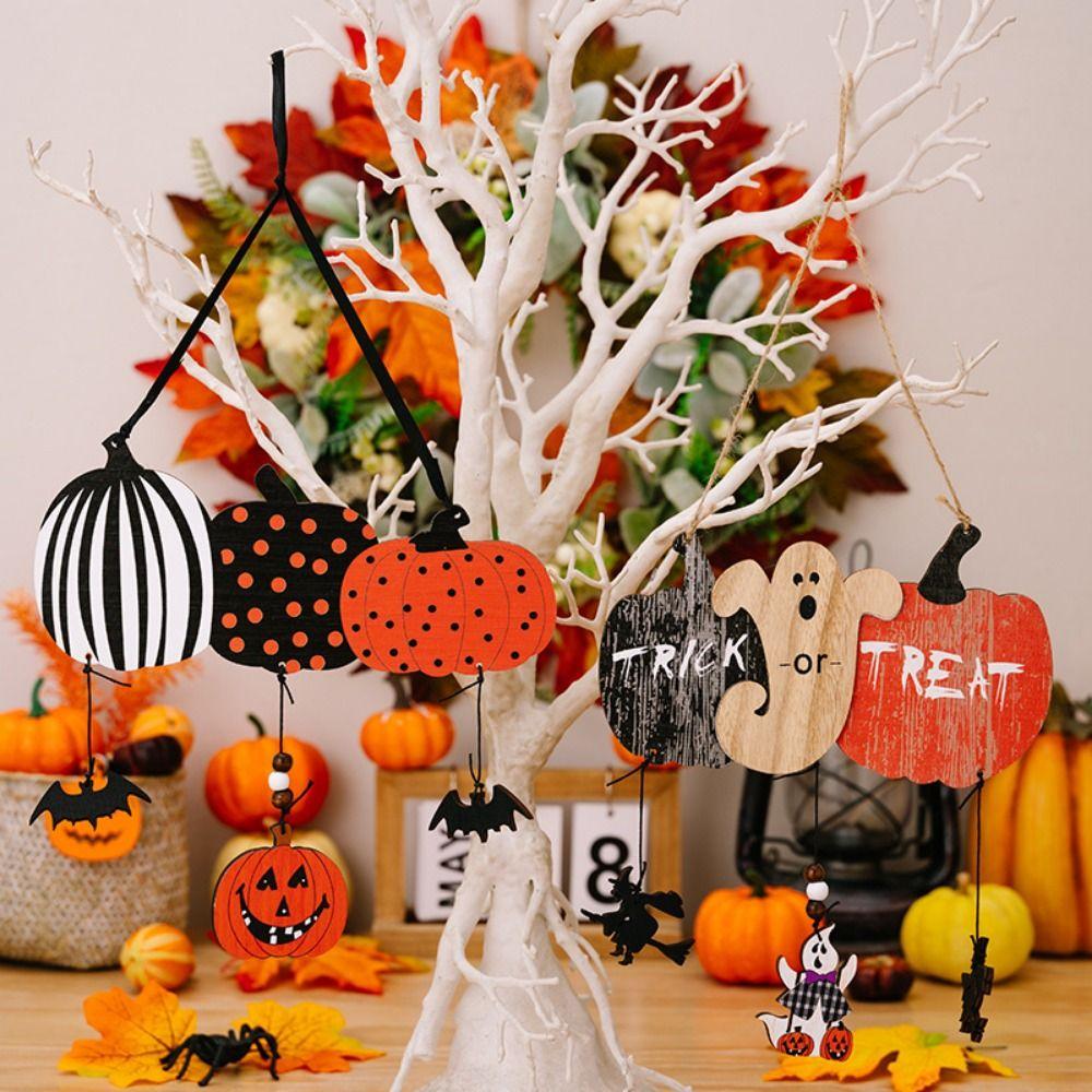 2pcs/set Colorful Halloween Wooden Pendants Pumpkin Bat Ghost Wall Hanging  Ghost Festival