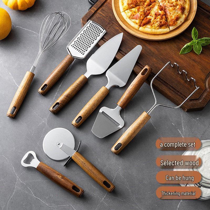 Acacia Wood Kitchen Gadget Set: Peeler, Can Opener, Egg Beater, Pizza Cutter, Cheese Shovel