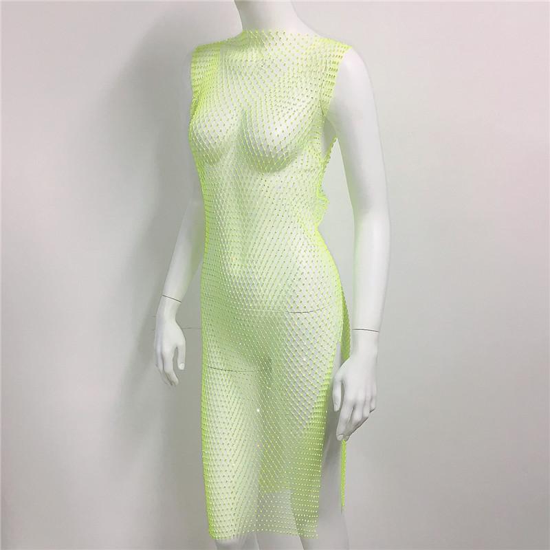 Crystal Diamond Beach Dress Women Sexy V Neck Hollow Out Rhinestone Sleeveless Bodycon Dress 2021 Mesh Party Dresses #0729