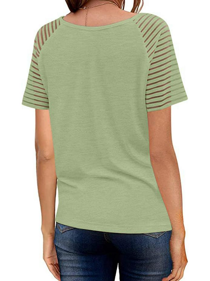 Women's European & American Summer V-neck Mesh Solid Short Sleeve Casual Loose T-shirt (2021)