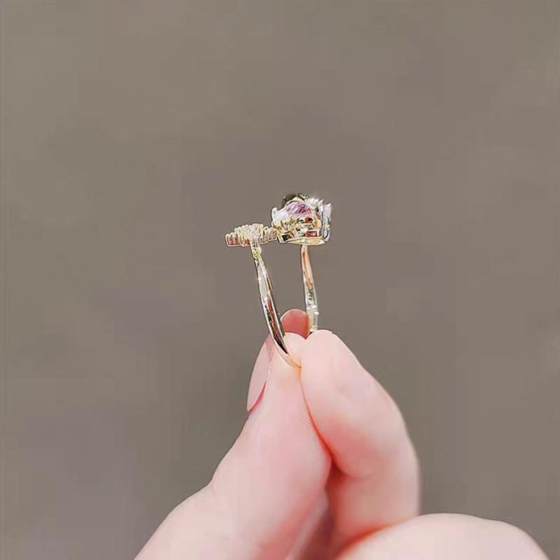 Pink Zircon Love Ring Women's Fashion Personality Ins Cold Wind Hexagram Heart Ring Opening Adjustable