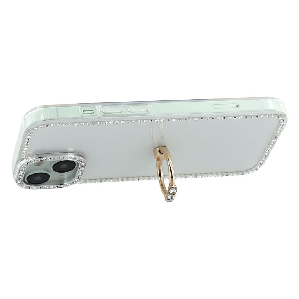 For iPhone 14/13 Case with Ring Kickstand Rhinestone Edge TPU+PC IMD Phone Cover