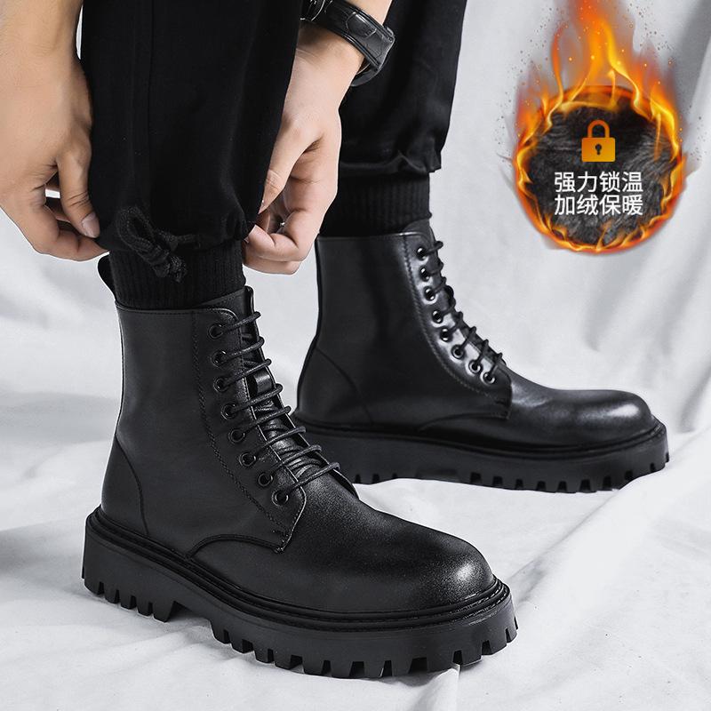 Martin Boots Men's British High-top Boots Soft Leather New Mid-top Leather Shoes Black Tooling Chelsea Short Boots