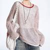Plus Size Red Striped Backless Long Sleeve Sun Protection Women's Summer Top