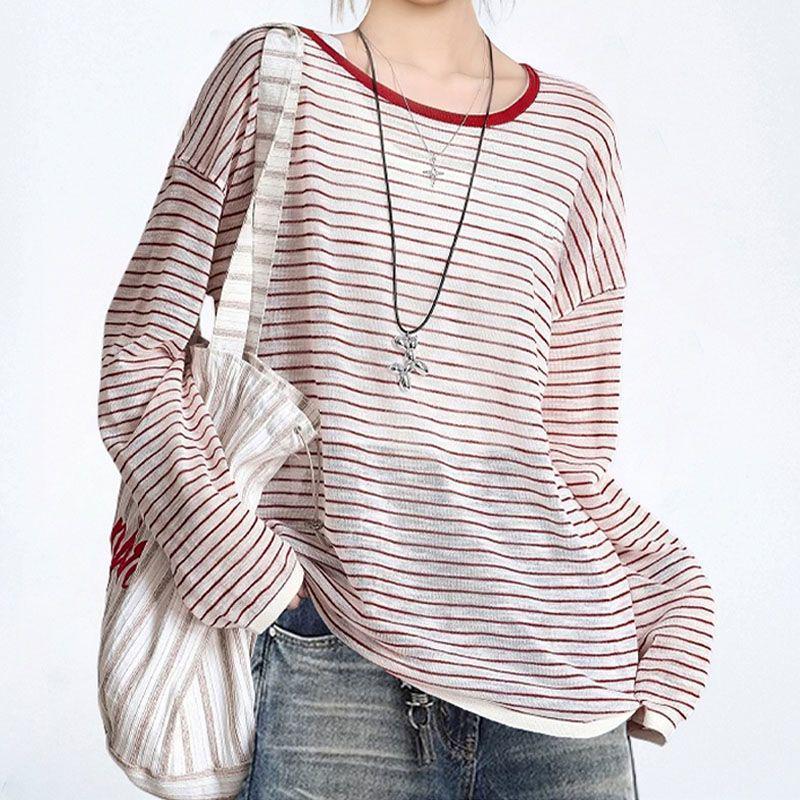 Plus Size Red Striped Backless Long Sleeve Sun Protection Women's Summer Top