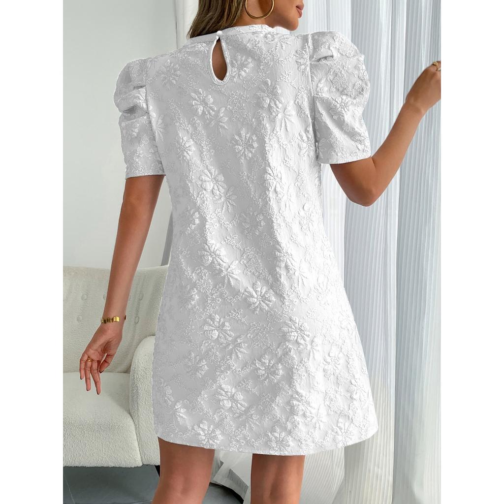 Summer New Women's Bubble Sleeve,Textured Jacquard Round Neck Vintage Style Dresses