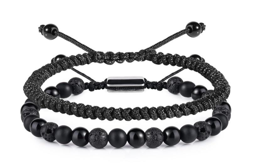 Father's Day Bracelet Set Men's Adjustable Diamond Knot 6mm Volcanic Stone Obsidian Tail Bead Lapis Lapis Bracelet