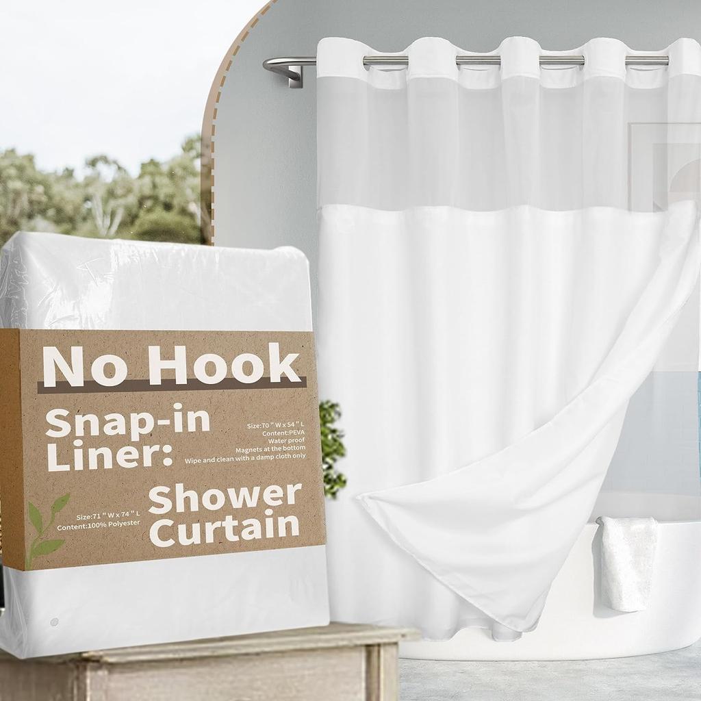 No Hook Shower Curtain with Snap In Liner, 230GSM Waffle Weave Shower Curtains for Bathroom, Hotel Grade,Spa Like Bath Curtain