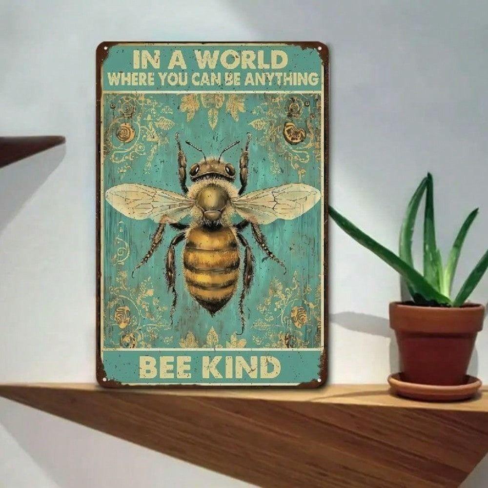 Vintage Metal Sign Bee Kind Wall Decor, Rustic Kitchen Tin Poster