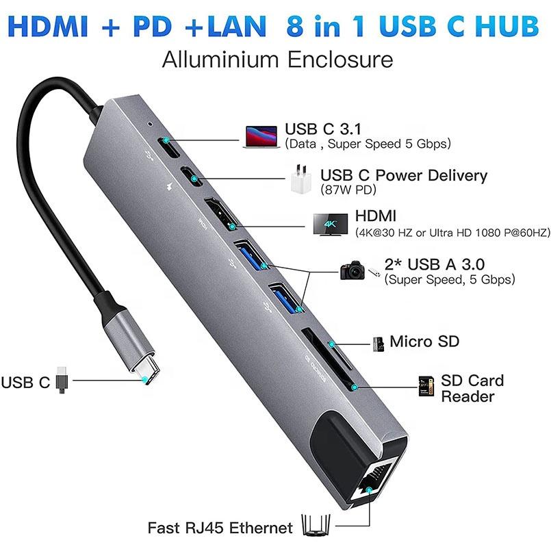8 in 1 3.0 Ethernet Connector Type c Type-C Adapter Type Rj45 Usb C Hub