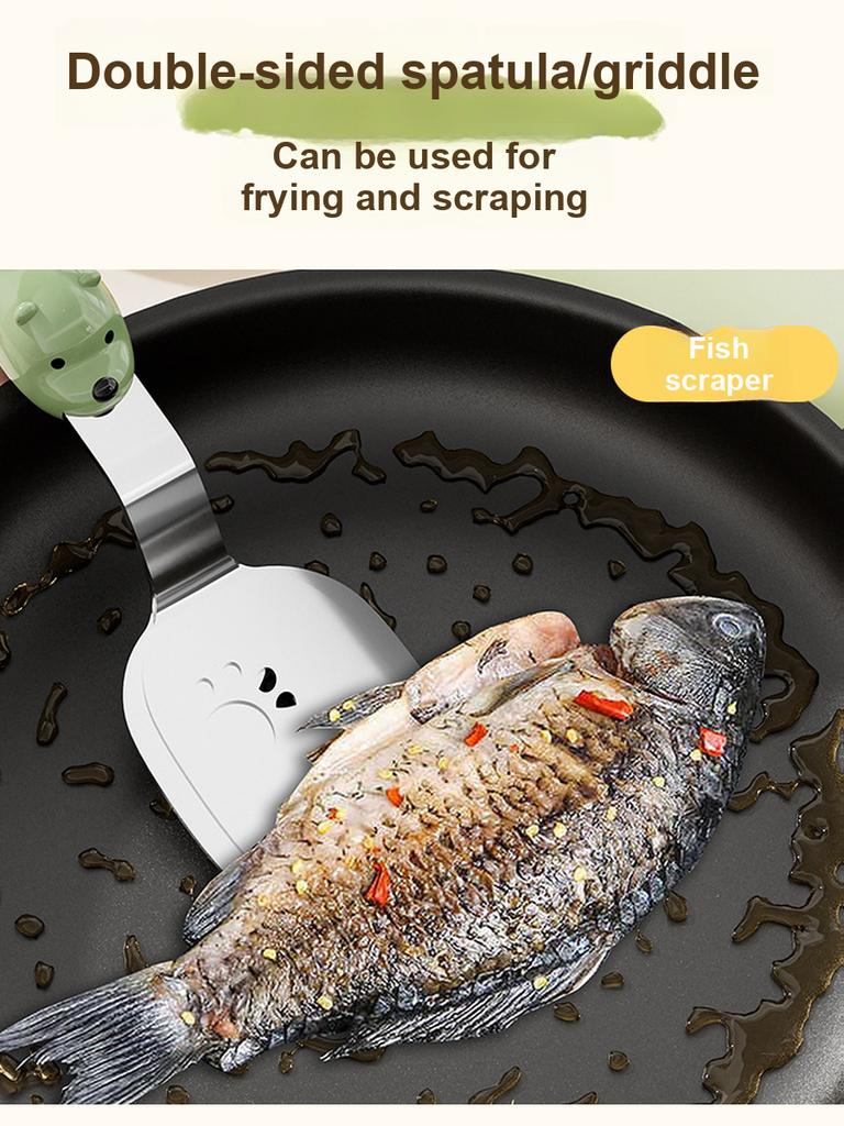 Small Bear Fried Fish Turner 2-in-1 Stainless Steel Food Clip Long Handle Anti-Slip Oil Draining Spatula Heat Resistant Clip