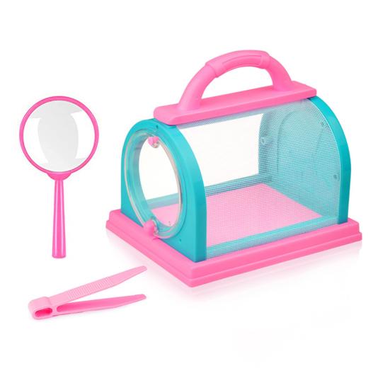 

1 Набор Коробка для просмотра зверьков с пинцетом, лупой, ручкой, сеткой, для исследования природы на улице детьми, ловушка для мелких животных, для наблюдения розовый