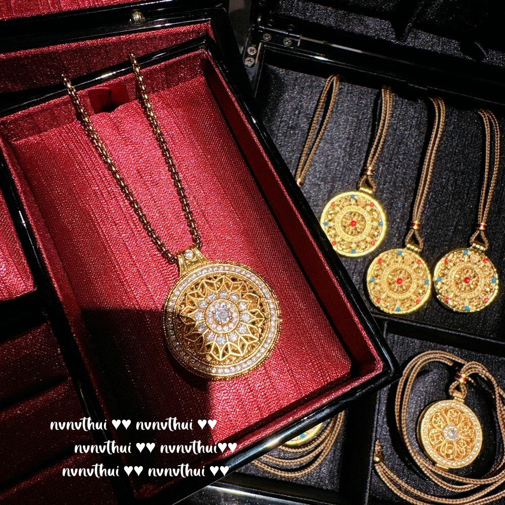 Gold Cloisonné Pendant Necklace & Auspicious Gourd Bracelet with Eight Treasures Design