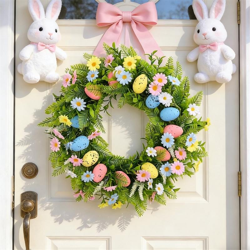 Easter Eggs Artificial Flower Wreath Easter Wreath Wall Hanging Decoration for Front Door Porch Mantels Home Decoration