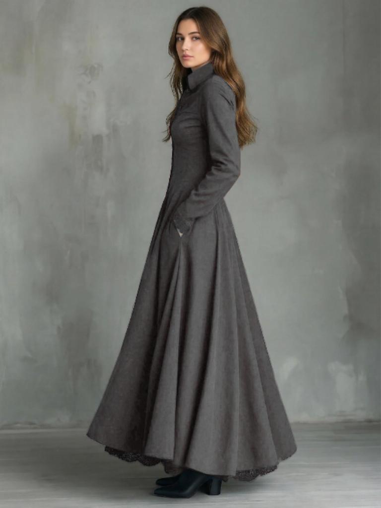 2025 Französisches Retro-Spitzenbesatz Wildleder Patchwork Langes Kleid